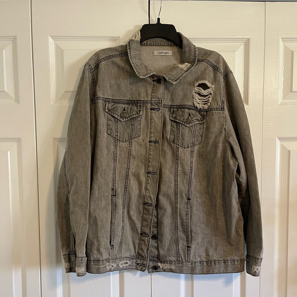 Plus Refuge Gray Jean Distressed Denim Jacket